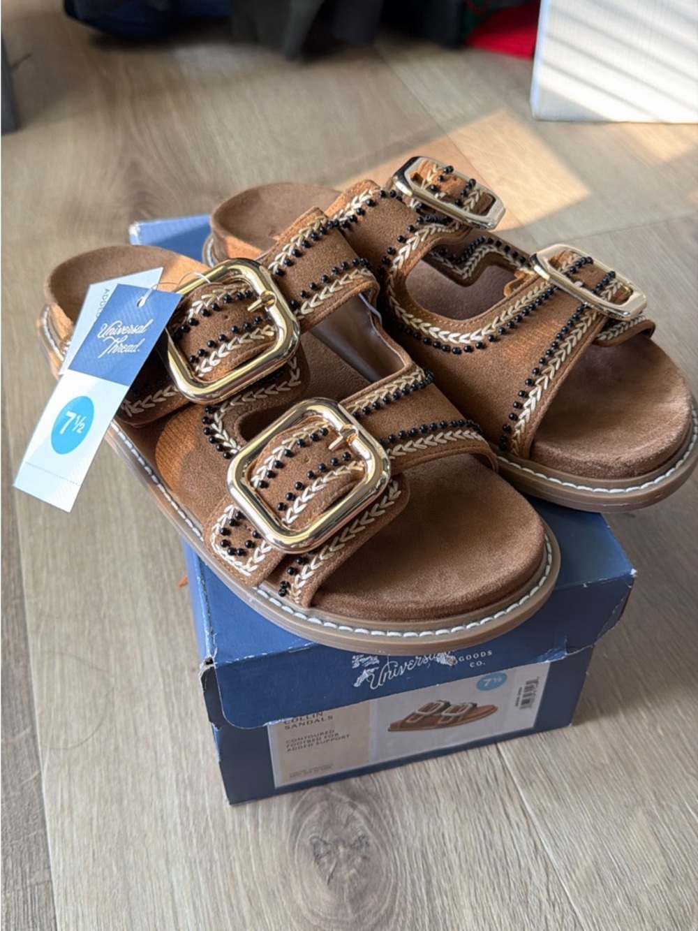 Universal Thread Brown Double-Buckle Slide Sandals with Gold Hardware
